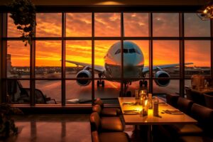 Intimate candlelit table in an exclusive airport lounge with a view of a departing plane at sunset.