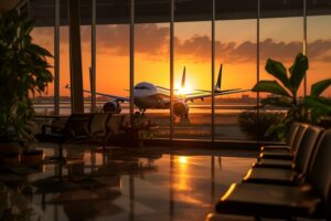 Luxurious airport lounge with Chase Sapphire Reserve Priority Pass, offering a serene view of an airplane at sunset.