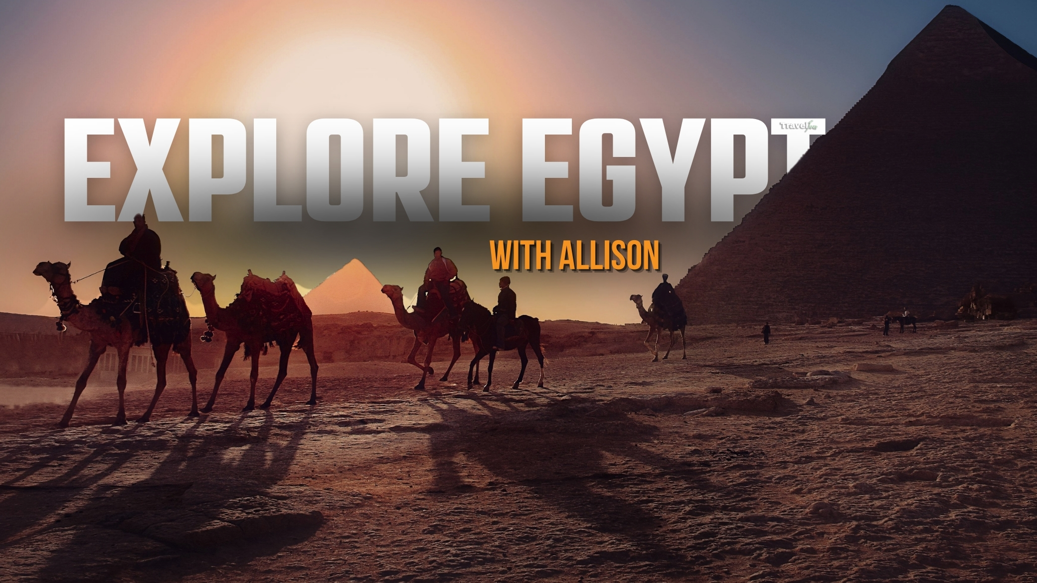 Sunset over the Egyptian Pyramids with shadows of camel riders creating a mysterious adventure scene