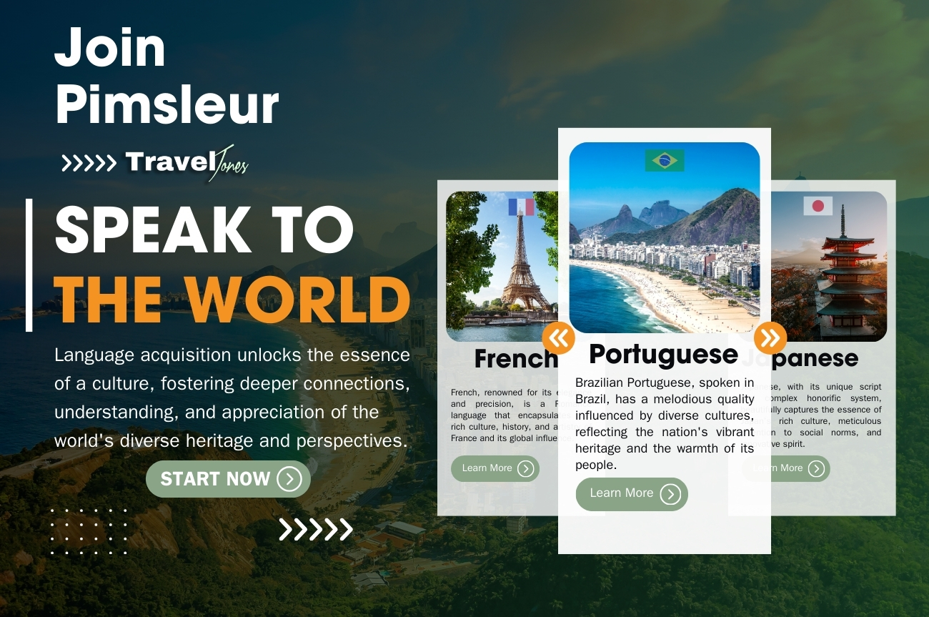 Illustrative image showing Portuguese, French, and Japanese language courses with the text 'Start using Pimsleur today!' for language learning.