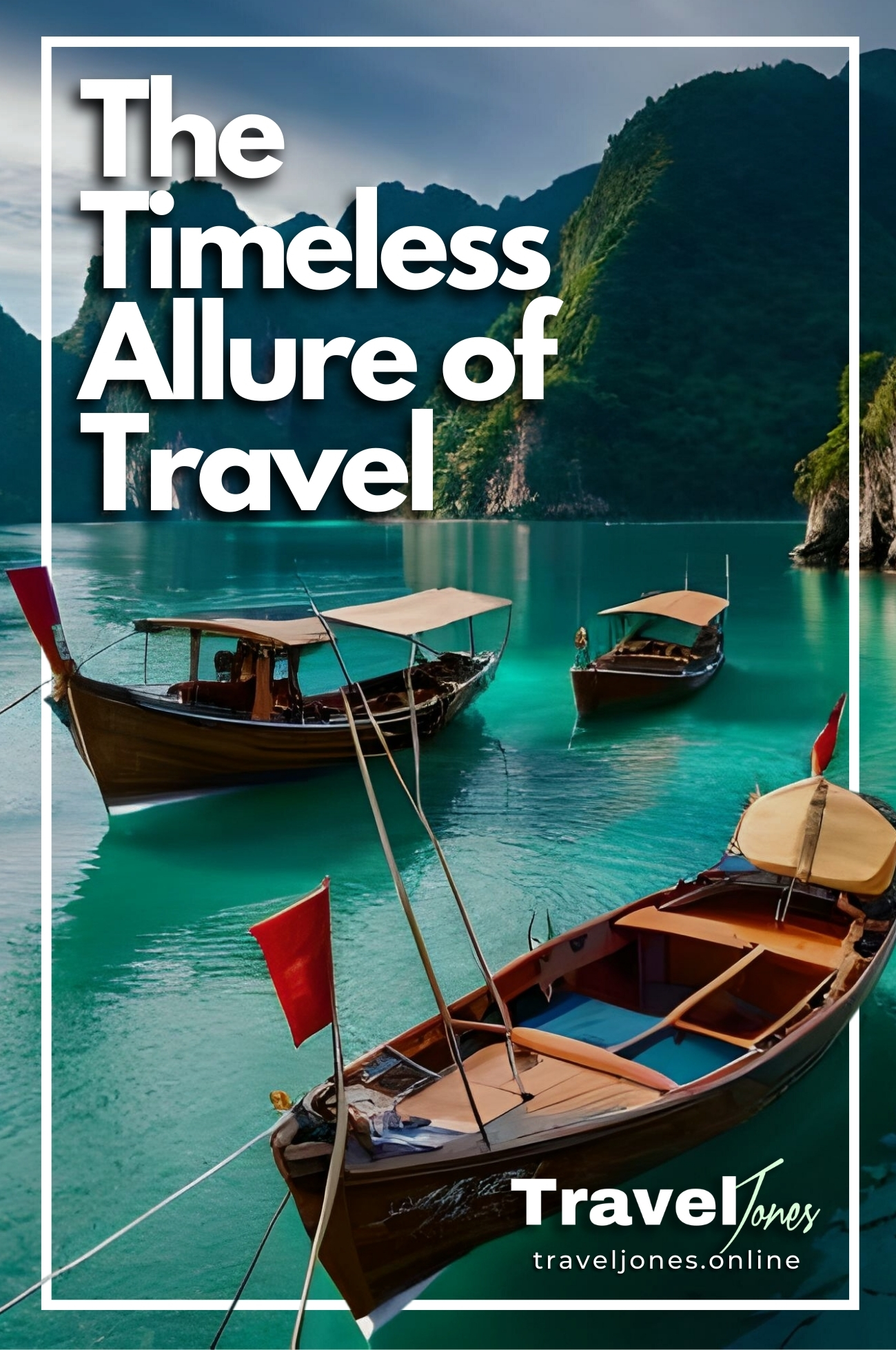 Traditional boats on the serene beaches of Vietnam, floating in turquoise waters with the stunning mountains of Ha Long Bay in the background, embodying the timeless allure of travel.